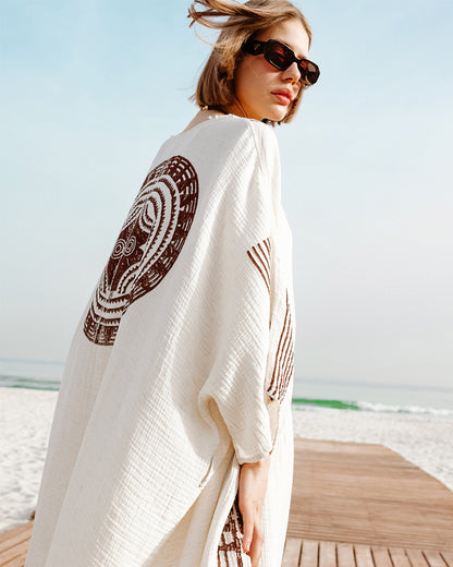 Crinkle Brown Printed Kimono