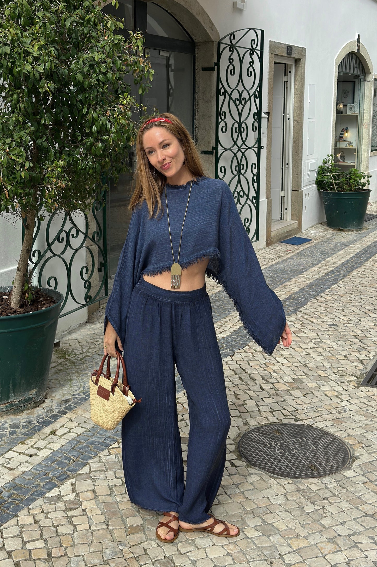 Linen Navy Crop Blouse