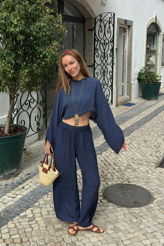 Linen Navy Crop Blouse