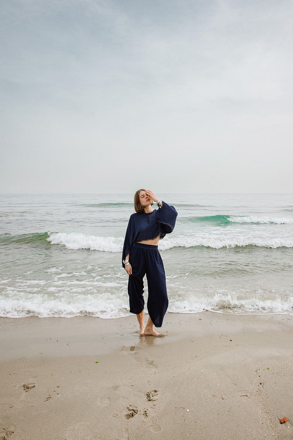Linen Navy Crop Blouse