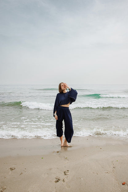 Linen Navy Crop Blouse